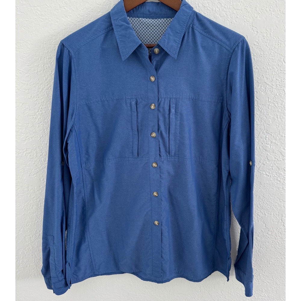 ExOfficio Dryflylite Vented Long Sleeve Button Up Women's Large Blue Fishing